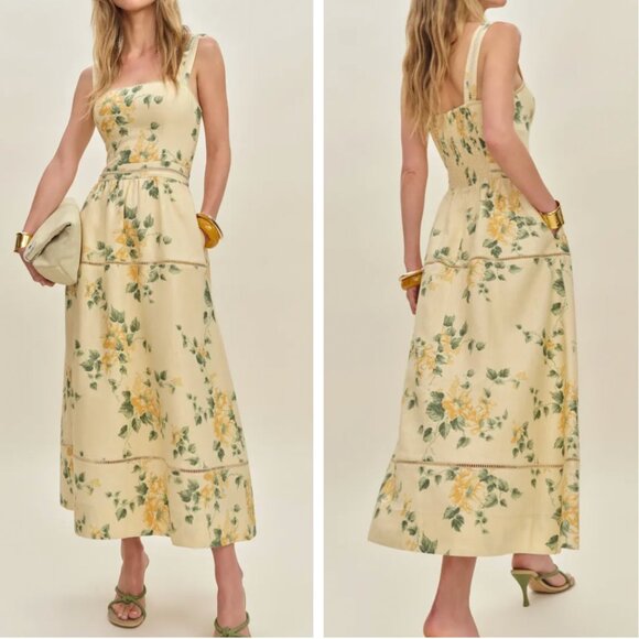 Reformation Floral Midi Dress in Cream and Yellow - Picture 1 of 14